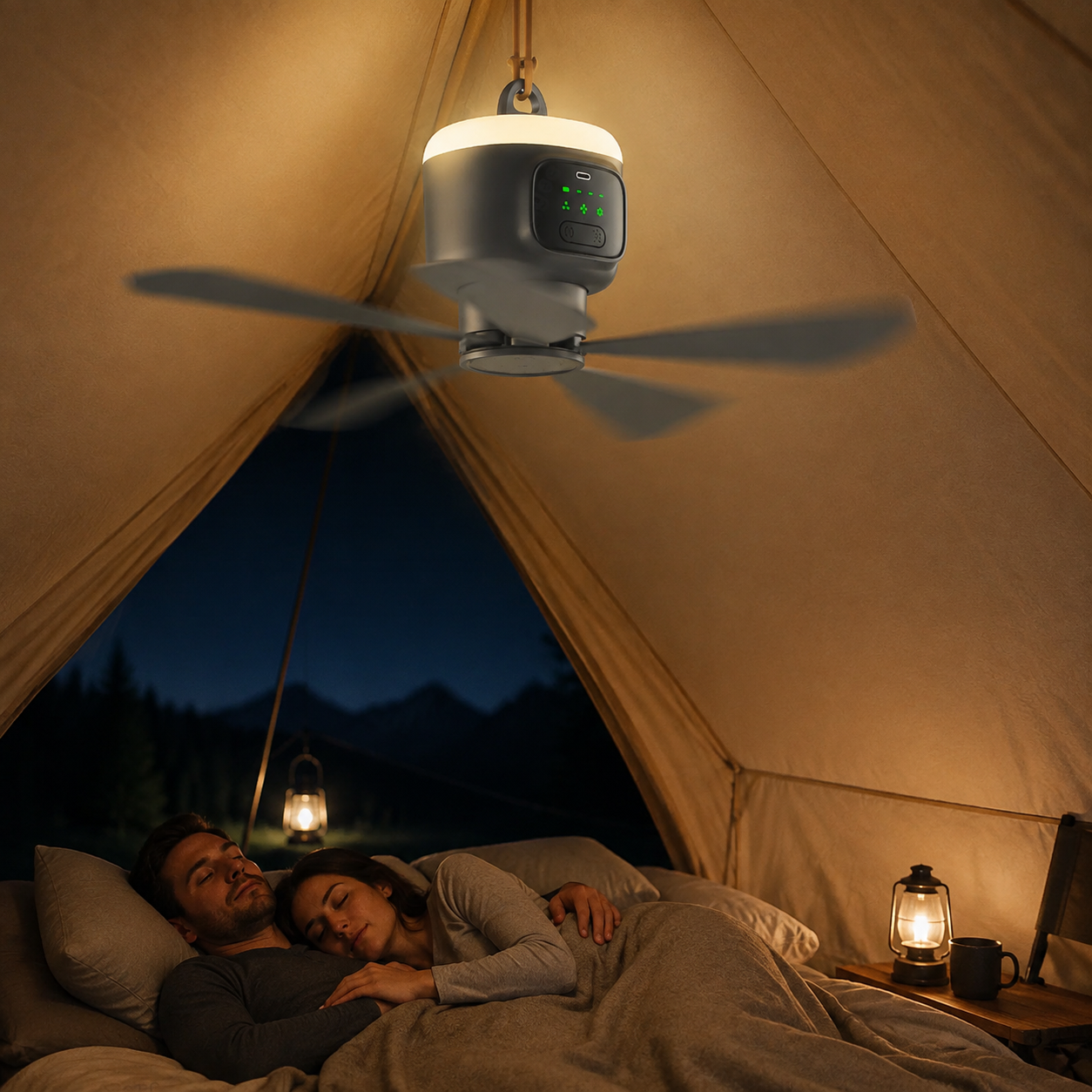 12000mAh Tent Ceiling Fan in use – WESTMERE lifestyle photo