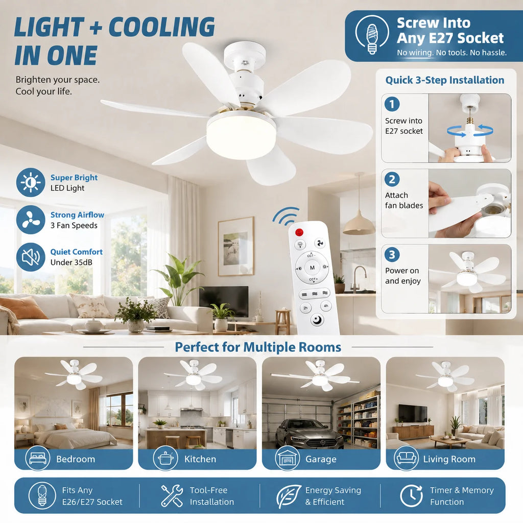 E27 Dimmable Remote-Control LED Ceiling Fan with Light
