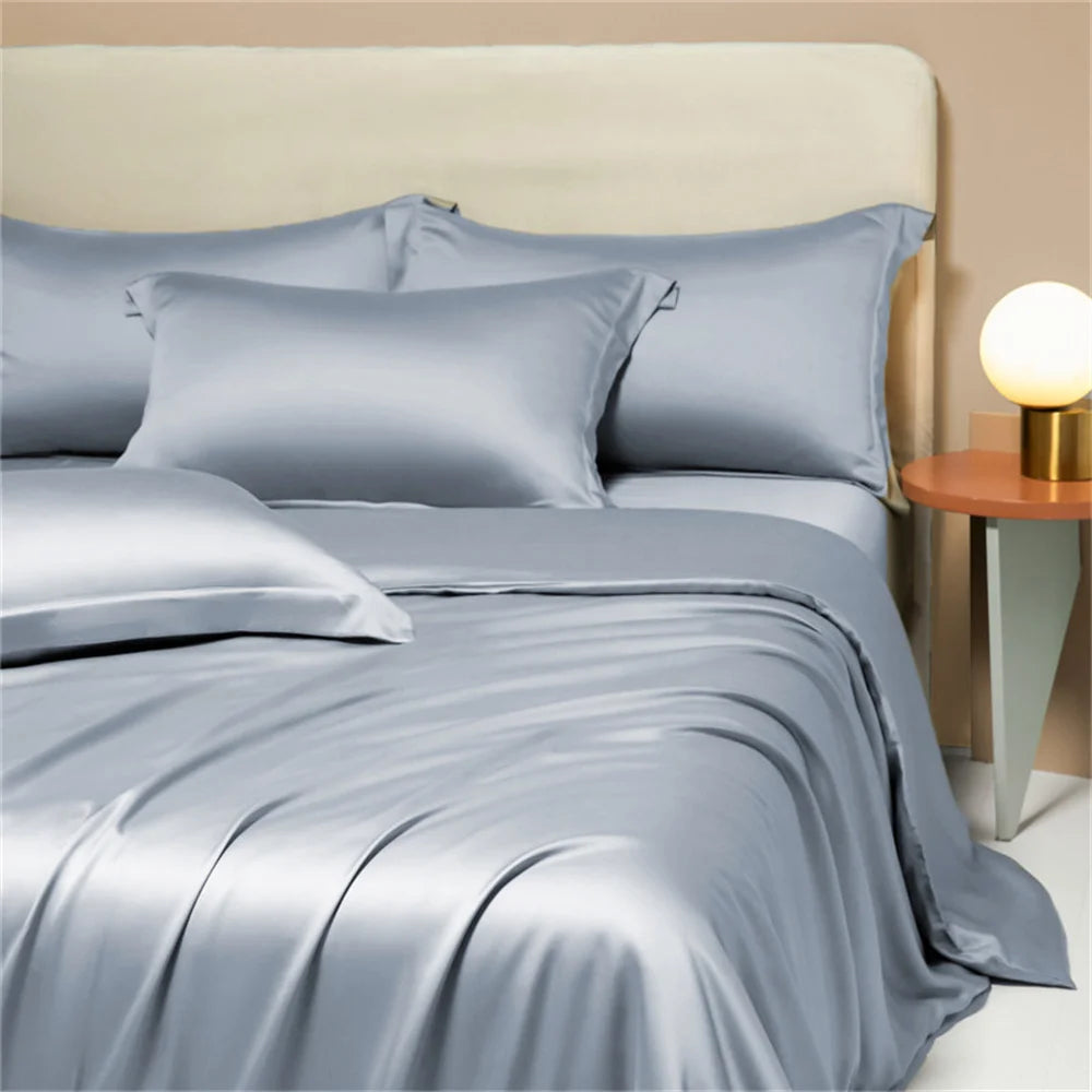 Liv-Esthete Noble 100% Silk Bedding Set Blue Gray Summer Duvet Cover Pillow Case Bed Sheet Quilt Cover Double King Queen Sets