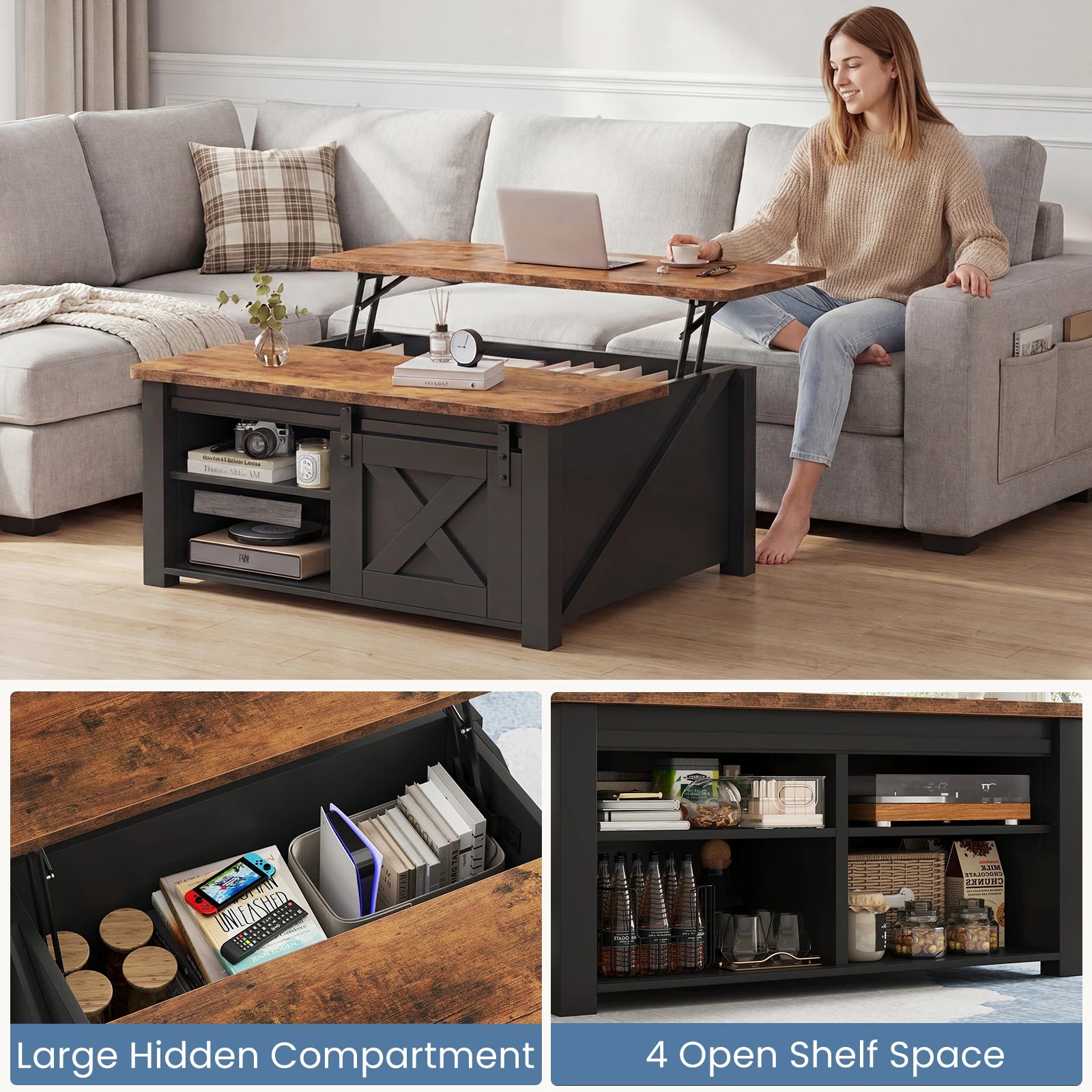 Lift-Top Square Coffee Table with Storage
