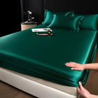 3 Pcs High End 100% Mulberry Silk Fitted Sheet Set with Pillowcase Luxury Solid Color Silk Bedsheet Soft Smooth Satin Bed Linen