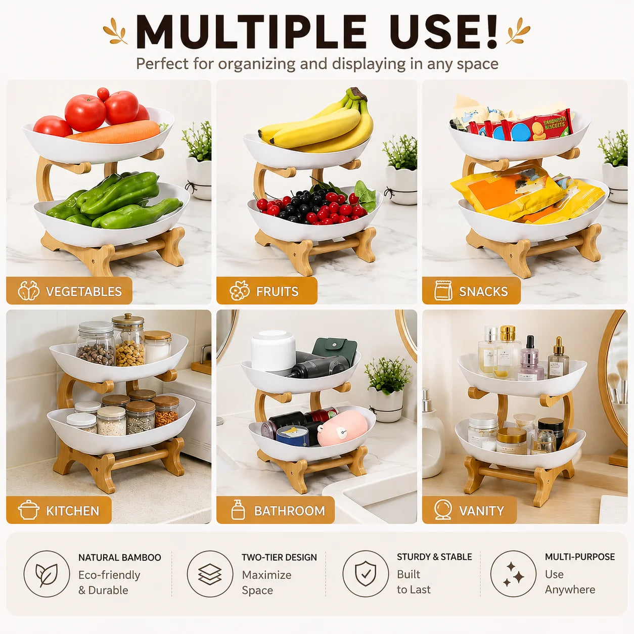 2/3-Tier Fruit Basket with Bamboo Stand