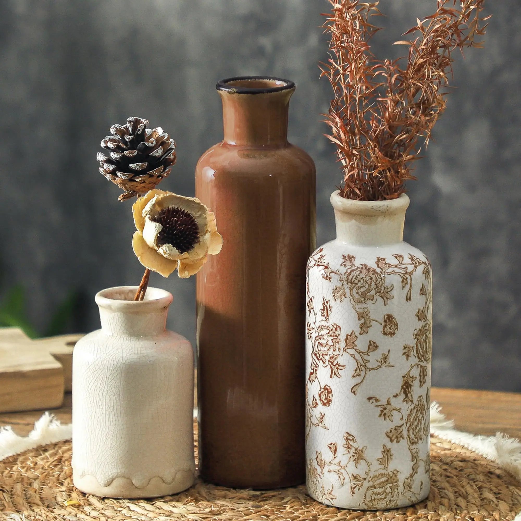 Set of 3 Vintage Chinoiserie Ceramic Vases
