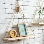 Hanging Wood & Rope Wall Shelf
