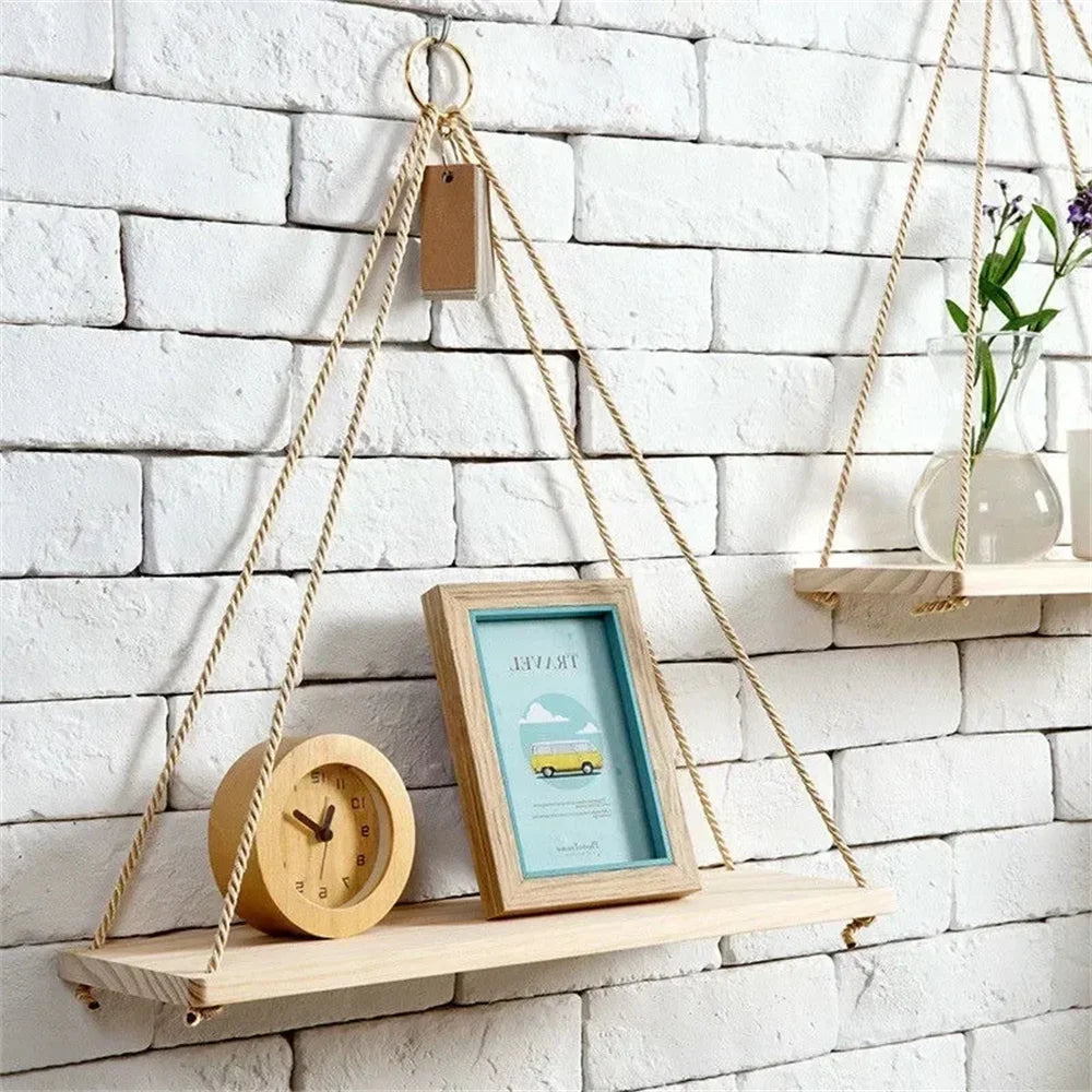 Hanging Wood & Rope Wall Shelf