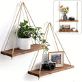 Hanging Wood & Rope Wall Shelf