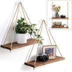 Hanging Wood & Rope Wall Shelf