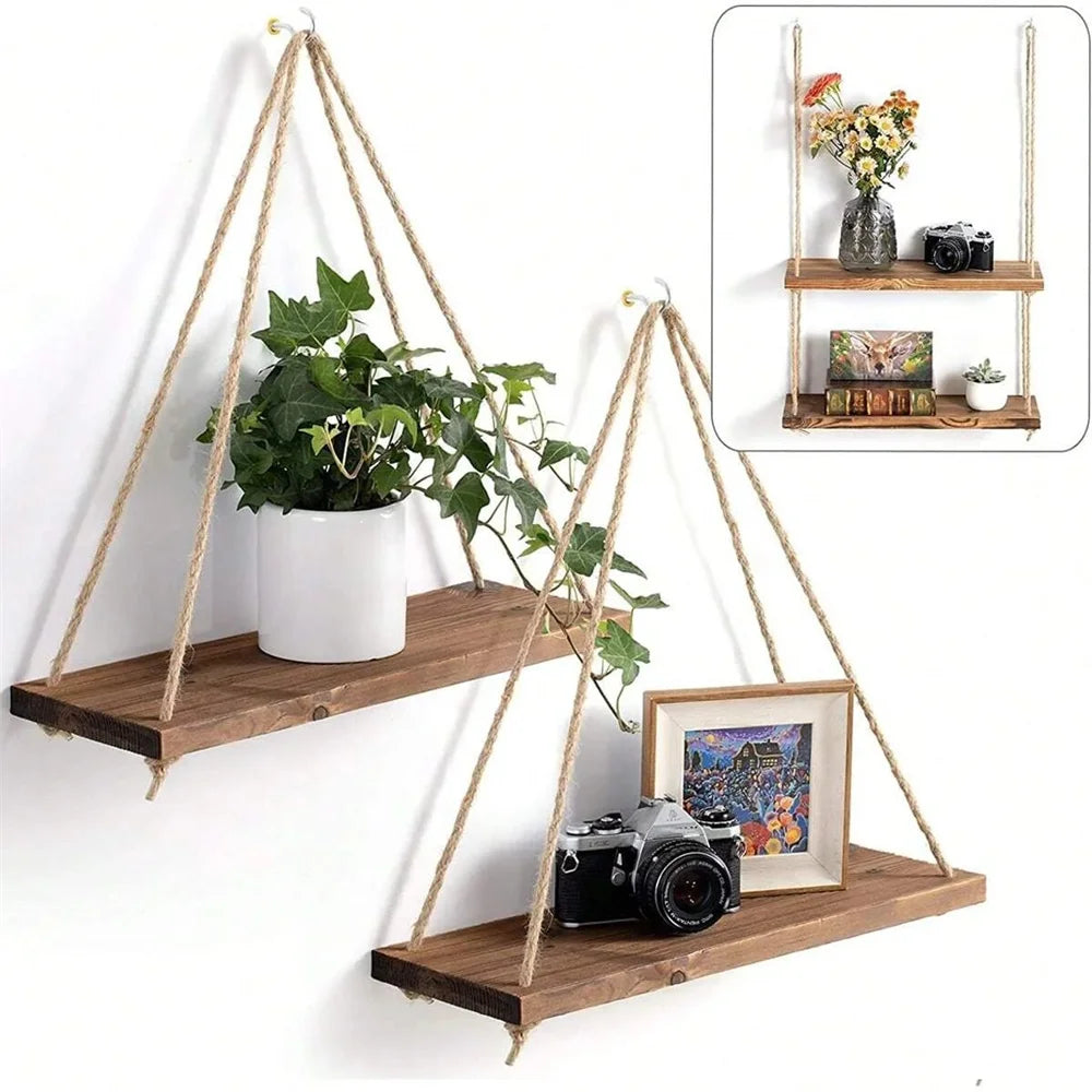 Hanging Wood & Rope Wall Shelf