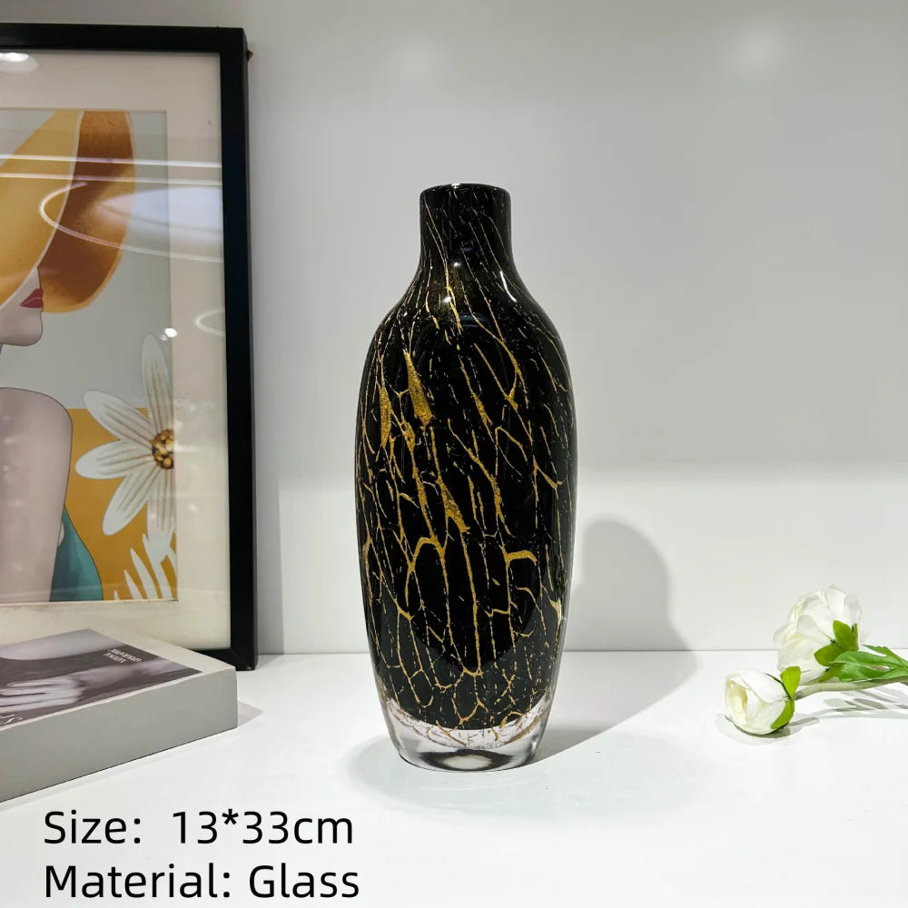 Round Black & Gold Hand-Blown Glass Vase