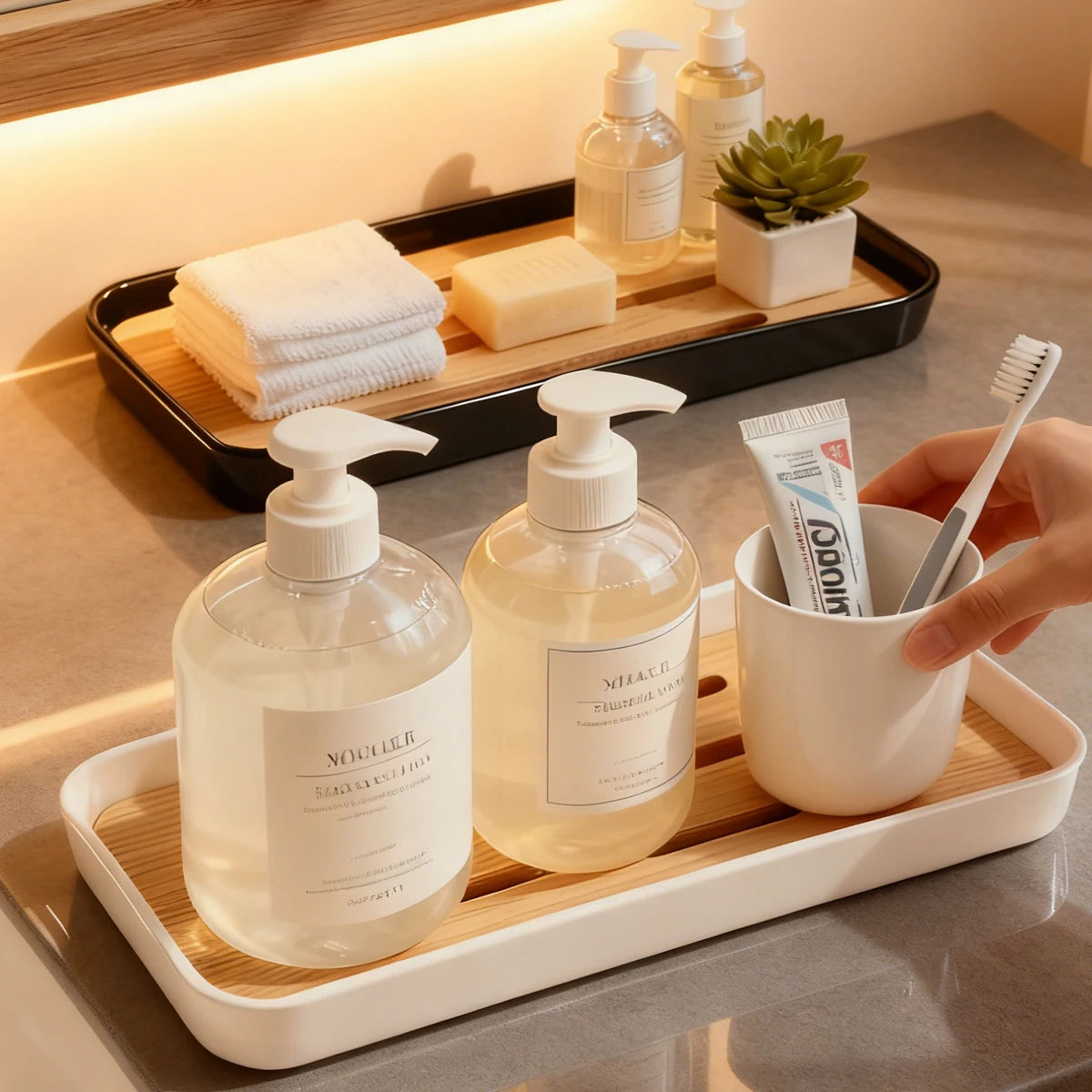 Bamboo Soap Dish Bottles Holder Tray Removable Countertop Drain — WESTMERE
