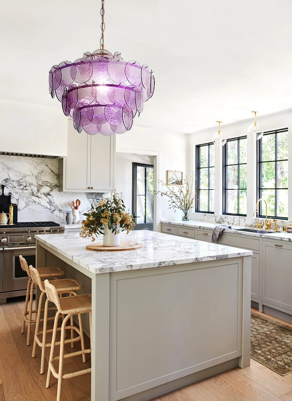 Murano-Style Green & Amber Cut-Glass Disc Chandelier