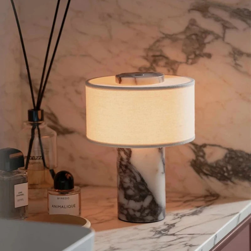 Retro Luxury Beside Lamp Natural Marble Table Fabric