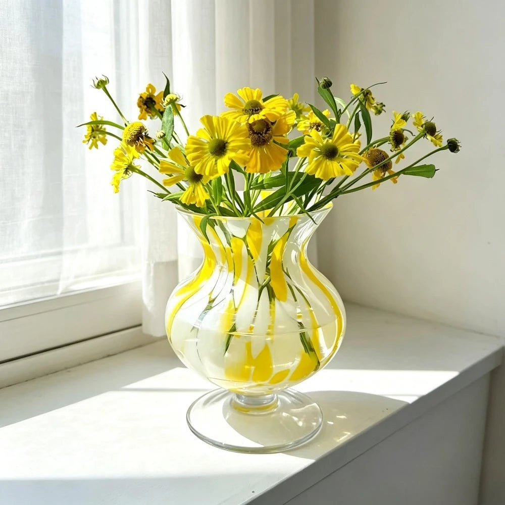 Yellow & White Hand-Blown Glass Vase