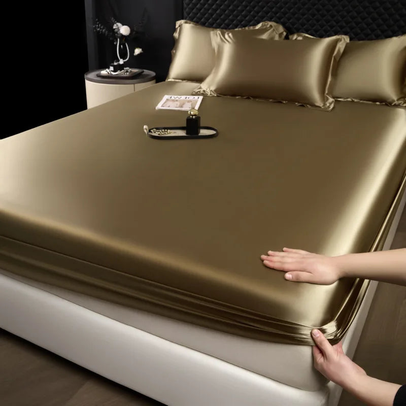 3 Pcs High End 100% Mulberry Silk Fitted Sheet Set with Pillowcase Luxury Solid Color Silk Bedsheet Soft Smooth Satin Bed Linen