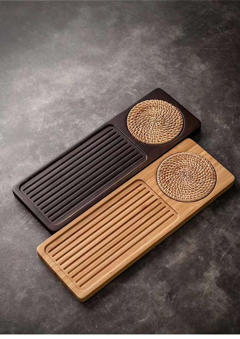 Solid Bamboo Wood Tea Tray Portable Rattan Mat Rectangle Serving Table Plate Storage Dish for Hotel Tea Plate Accessories Saucer