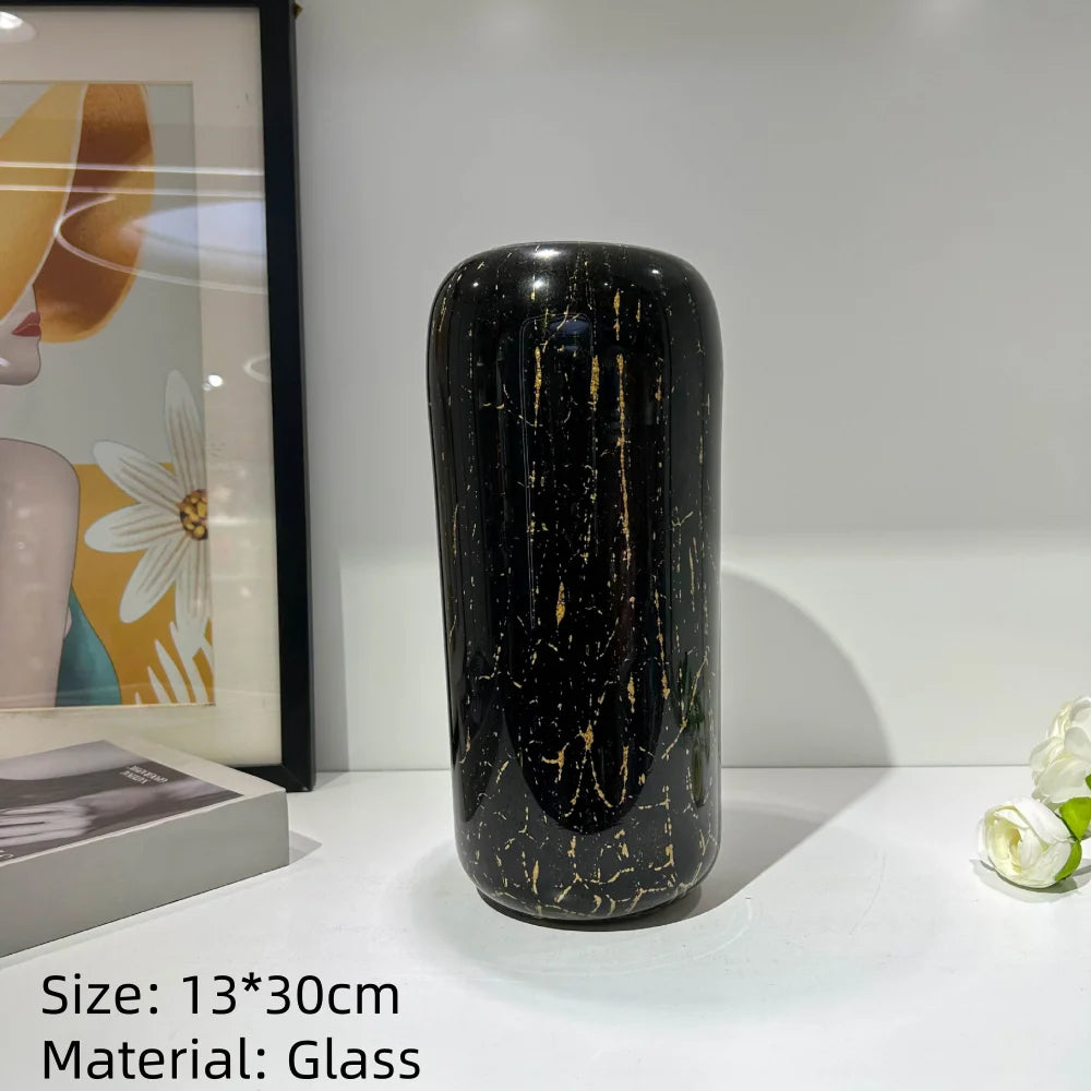 Split-Neck Black & Gold Hand-Blown Glass Vase