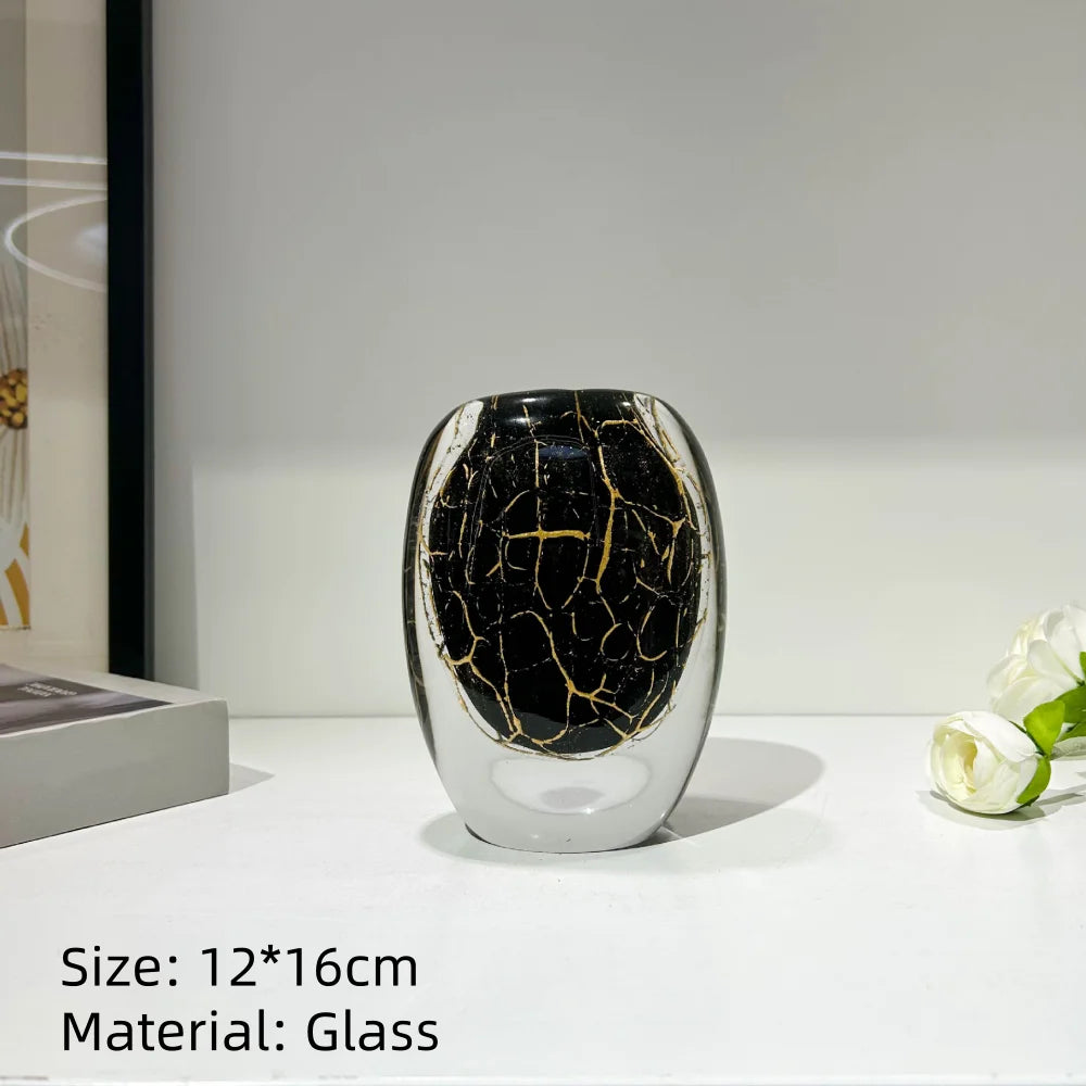 Split-Neck Black & Gold Hand-Blown Glass Vase