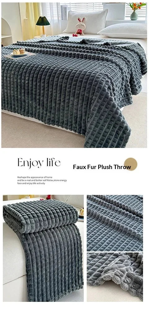 2025 New Solid Color Imitation Fur Plaid Flannel Blanket Winter Office Nap Blanket Air Conditioner Blanket