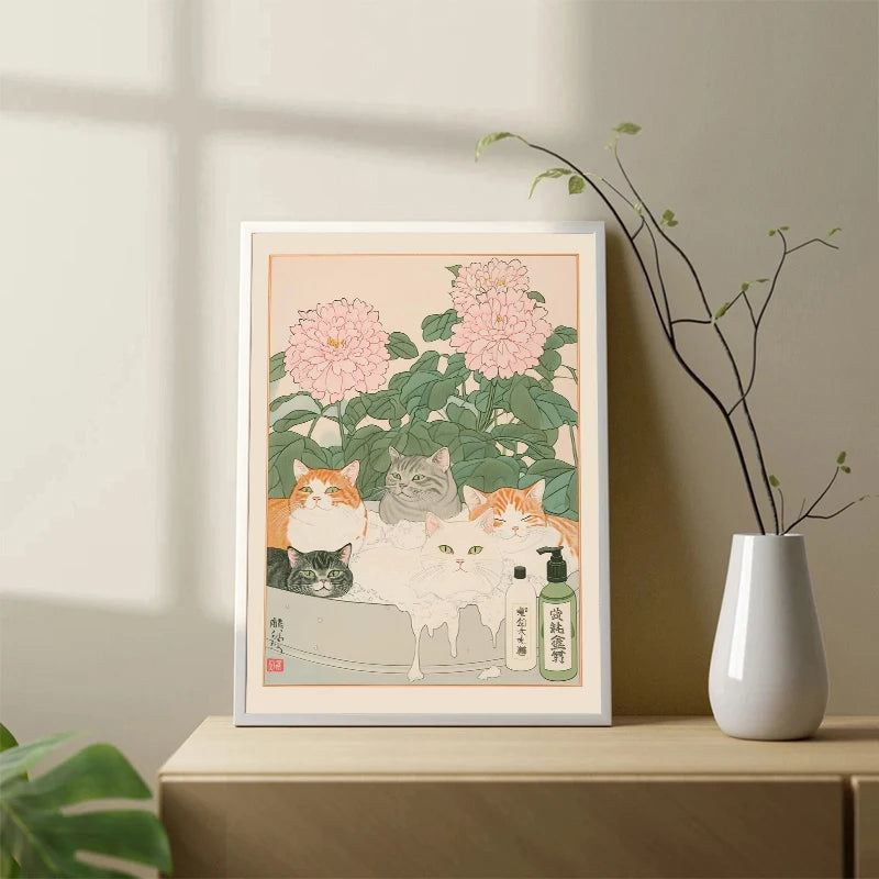 Japanese Cat Bath Canvas Print — WESTMERE