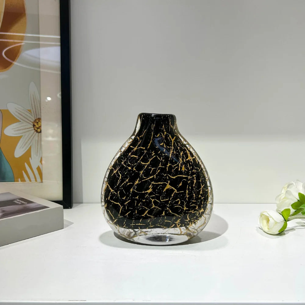 Split-Neck Black & Gold Hand-Blown Glass Vase