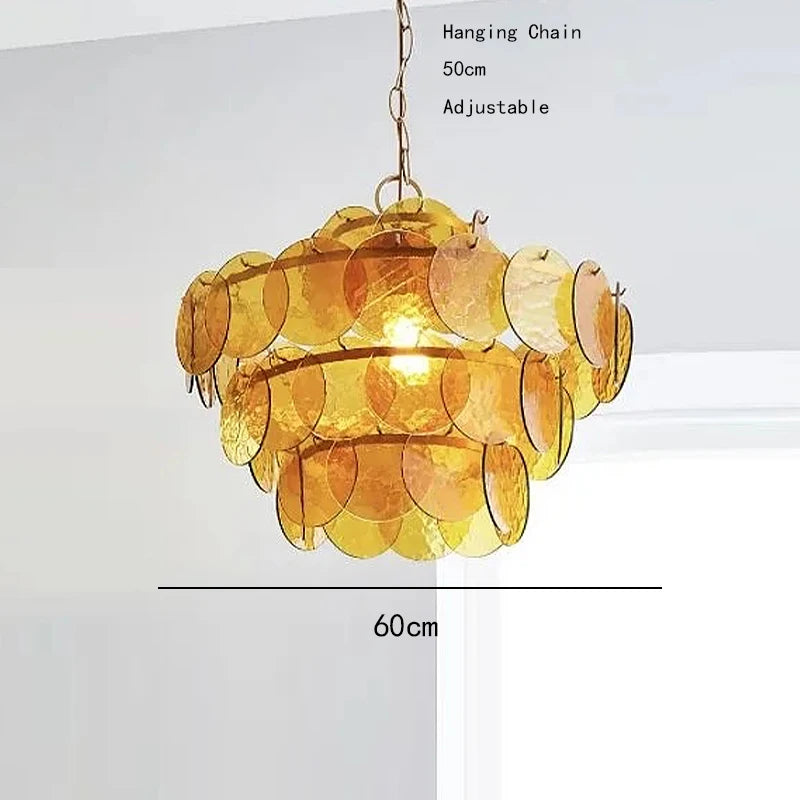 Murano-Style Green & Amber Cut-Glass Disc Chandelier