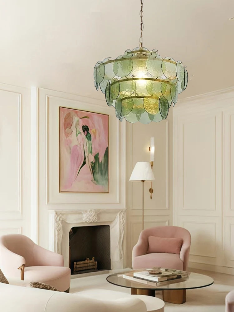 Murano-Style Green & Amber Cut-Glass Disc Chandelier