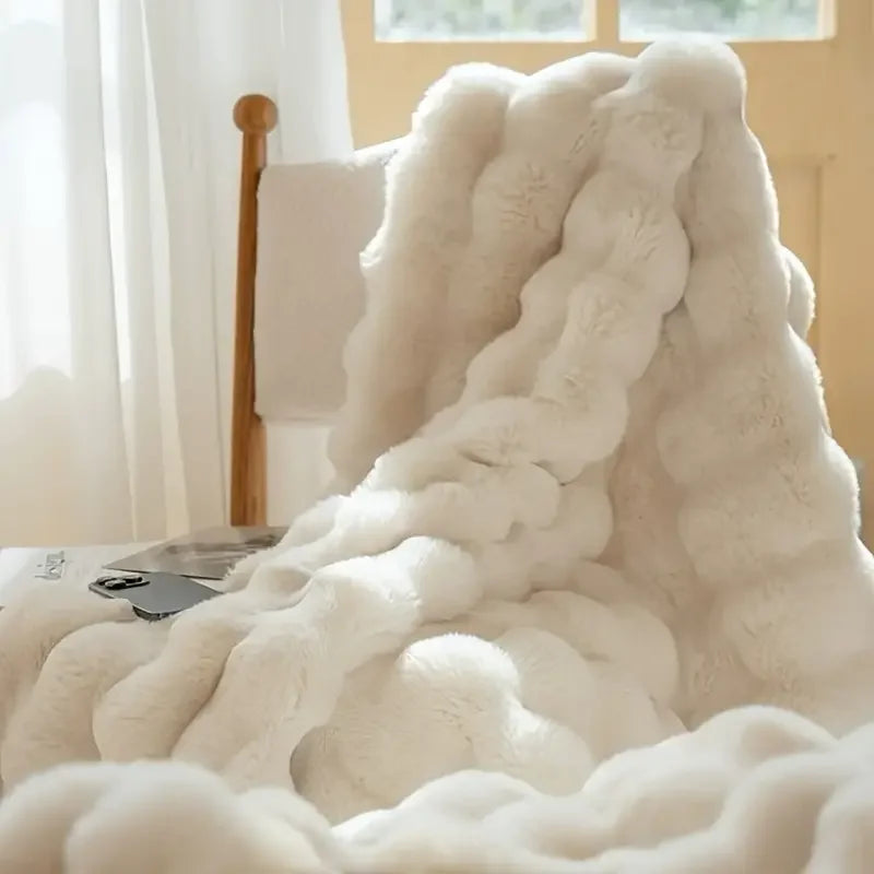 Bubble Fleece Blanket for Couch, Faux Rabbit Fur Throw Blanket, Soft Cozy Fluffy Decorative Blankets for Bed, Sofa, Mother's Day