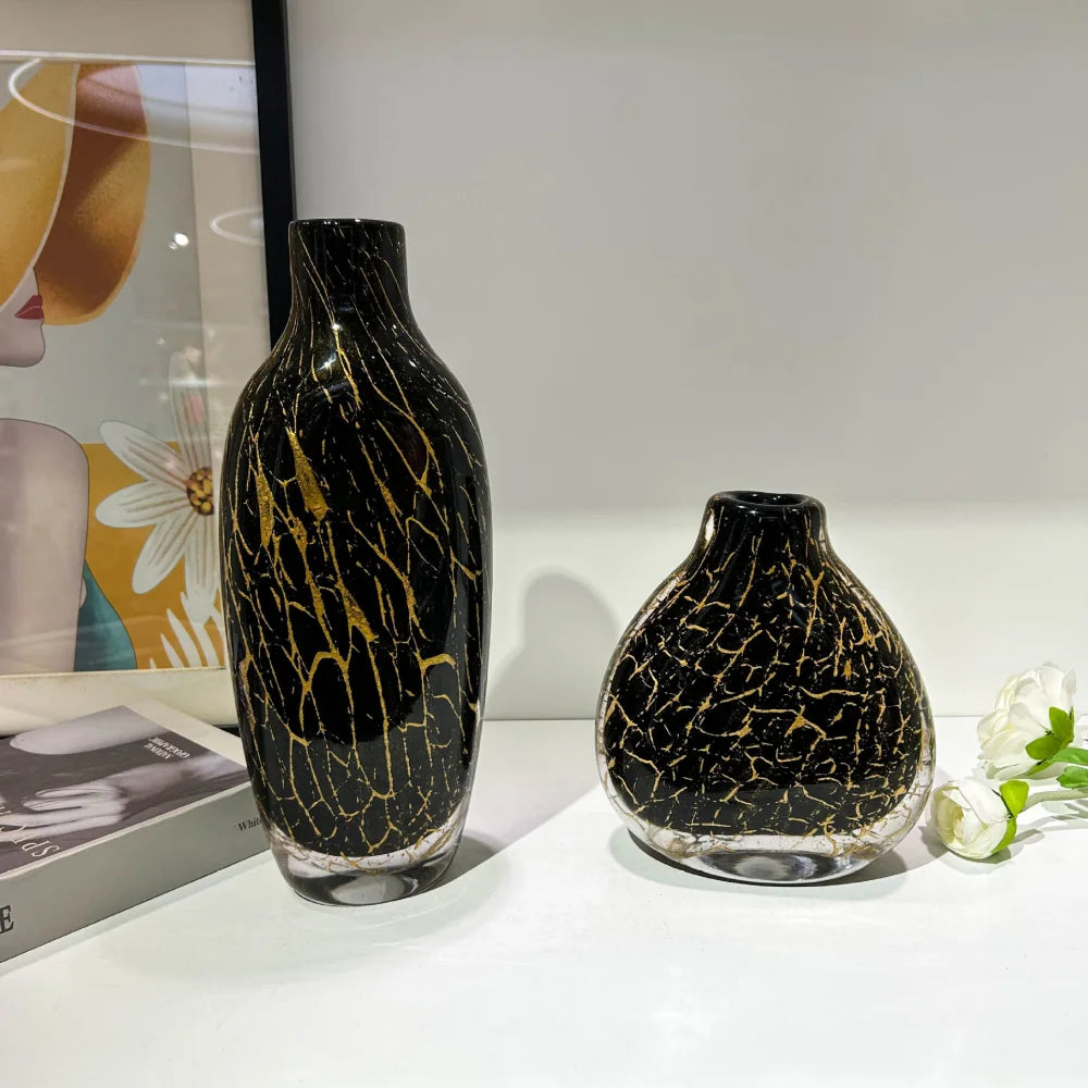 Split-Neck Black & Gold Hand-Blown Glass Vase