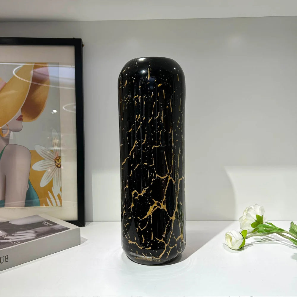 Tall Black & Gold Hand-Blown Glass Vase