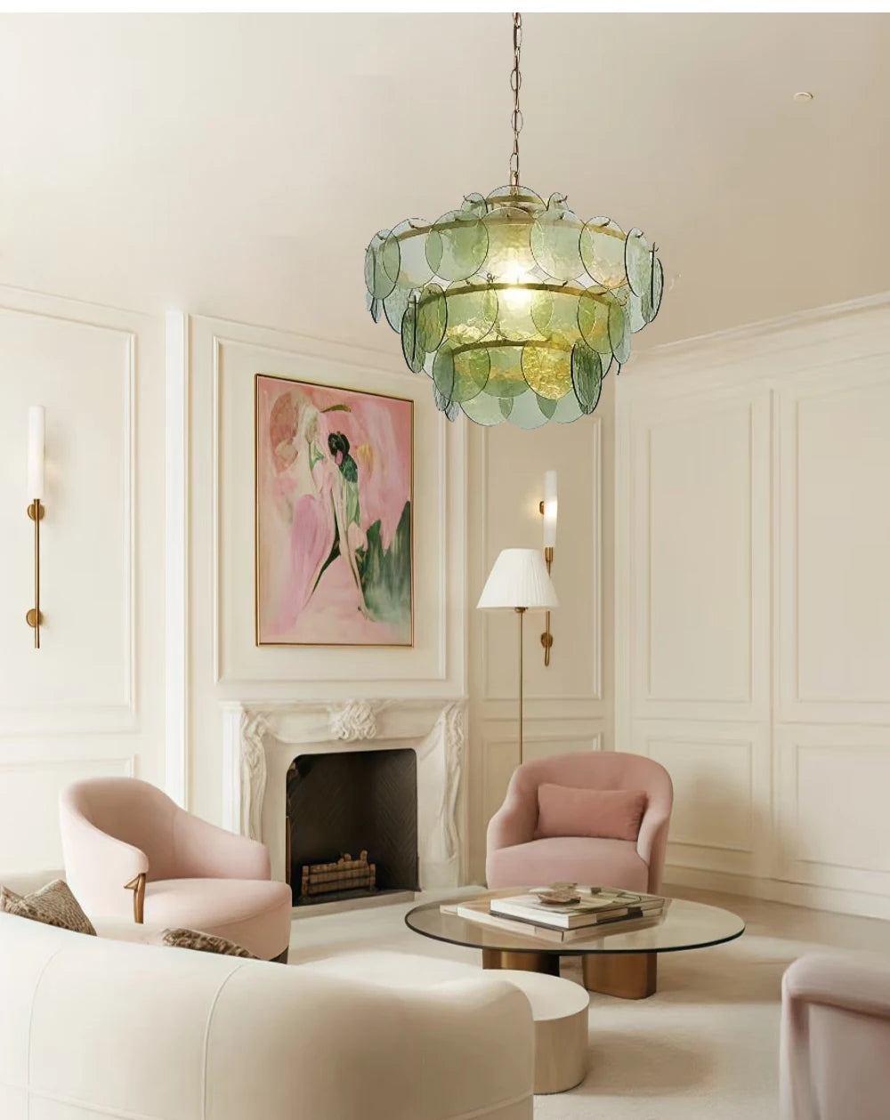 Murano-Style Green & Amber Cut-Glass Disc Chandelier