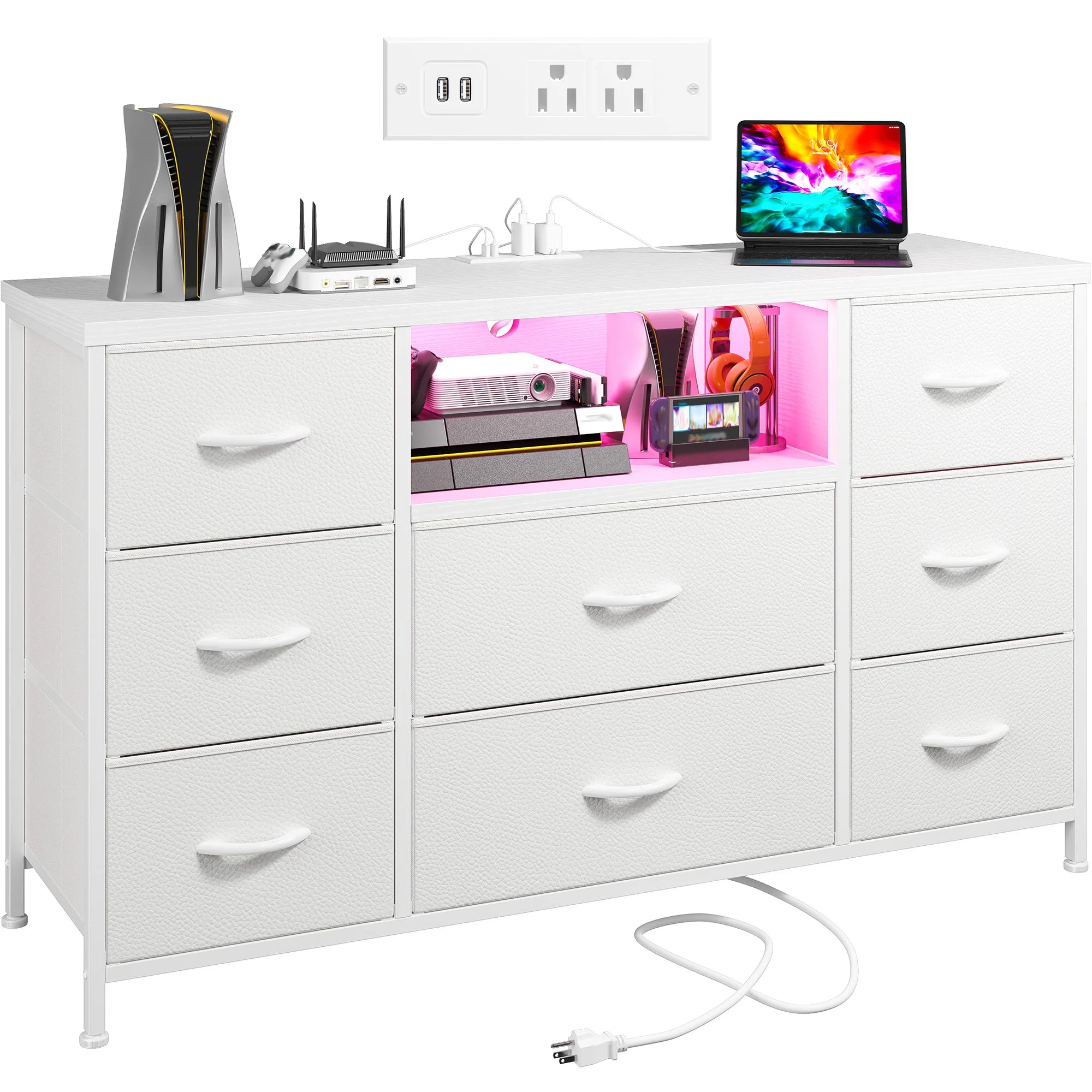 8-Drawer Media Dresser with Charging Station