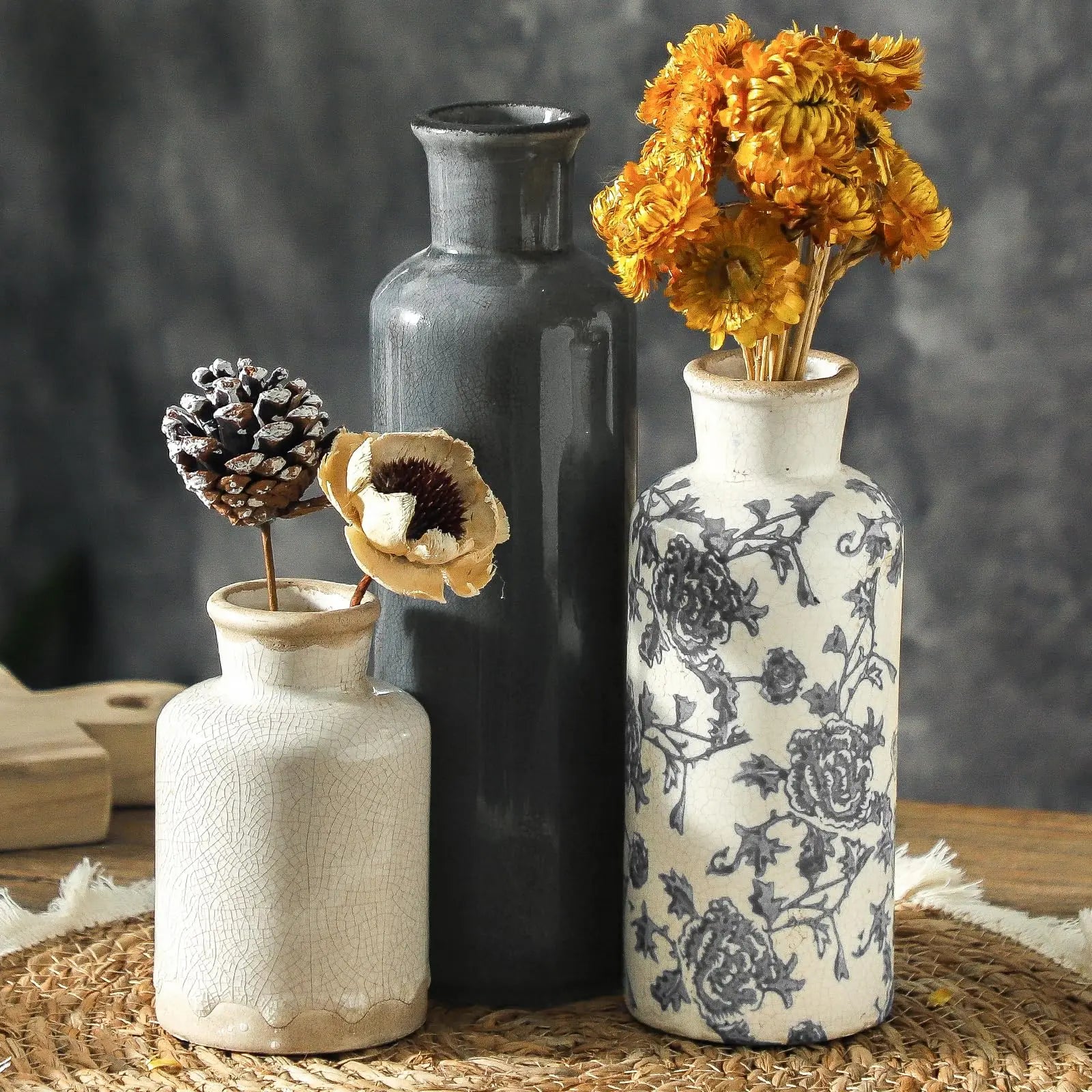 Set of 3 Vintage Chinoiserie Ceramic Vases