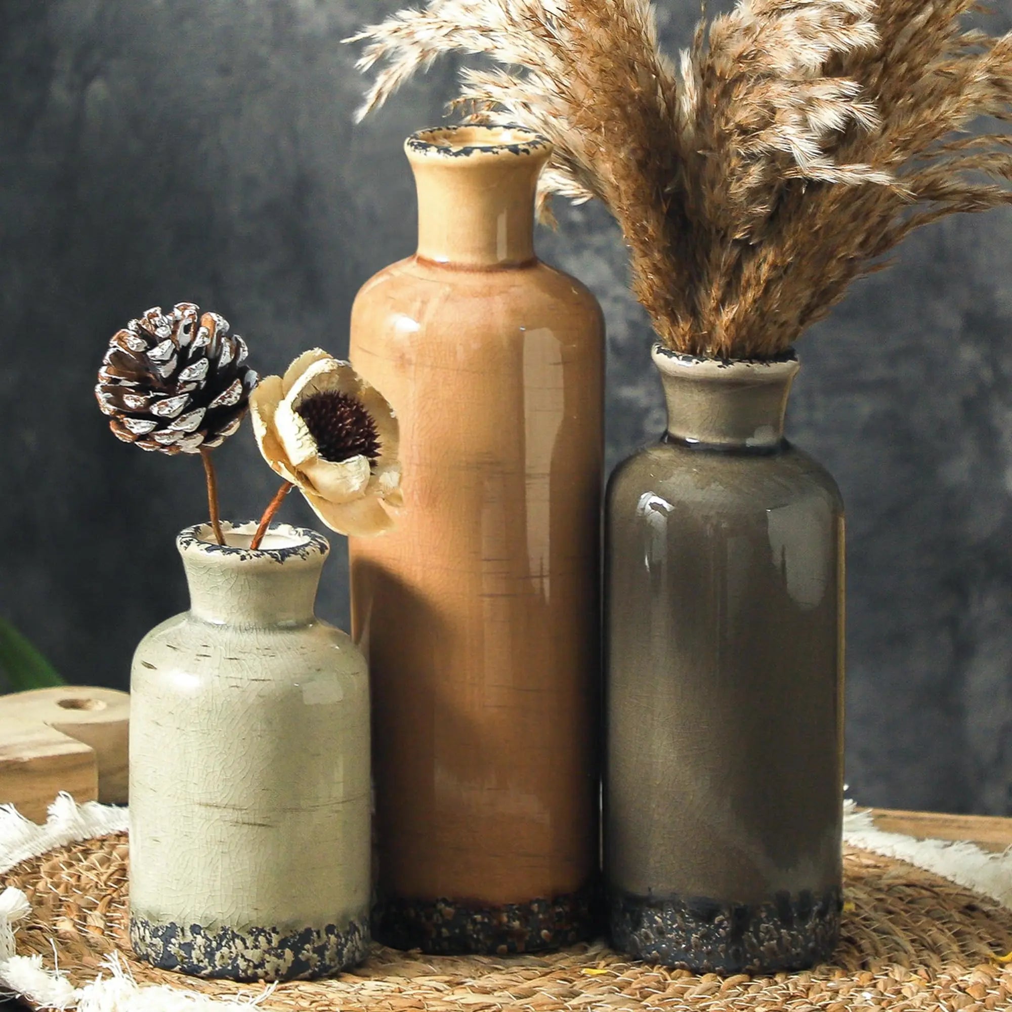 Set of 3 Vintage Chinoiserie Ceramic Vases
