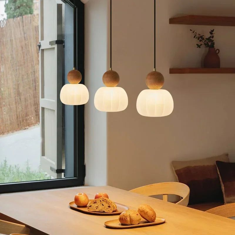 Walnut & Opal Glass Triple Pendant Light