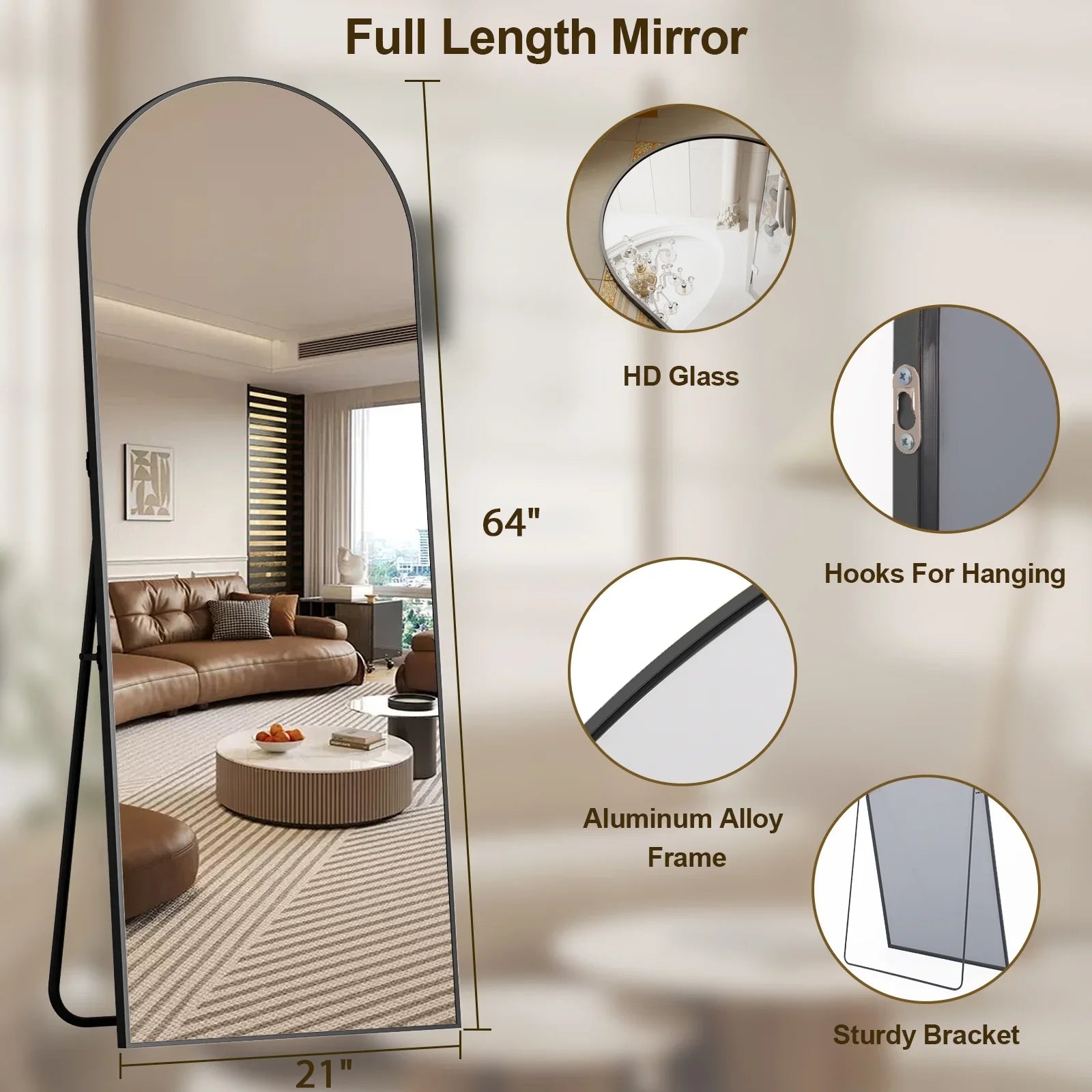 Multi-Size Black Arched Floor Mirror