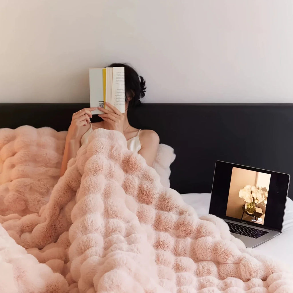 Bubble Fleece Blanket for Couch, Faux Rabbit Fur Throw Blanket, Soft Cozy Fluffy Decorative Blankets for Bed, Sofa, Mother's Day
