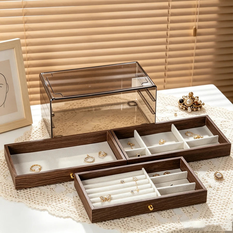 Walnut Wood Pattern Three-Drawer Jewelry Box, Bracelet, Necklace, Earring, Necklace Box, Jewelry Storage Box, OrnamentsAntioxida