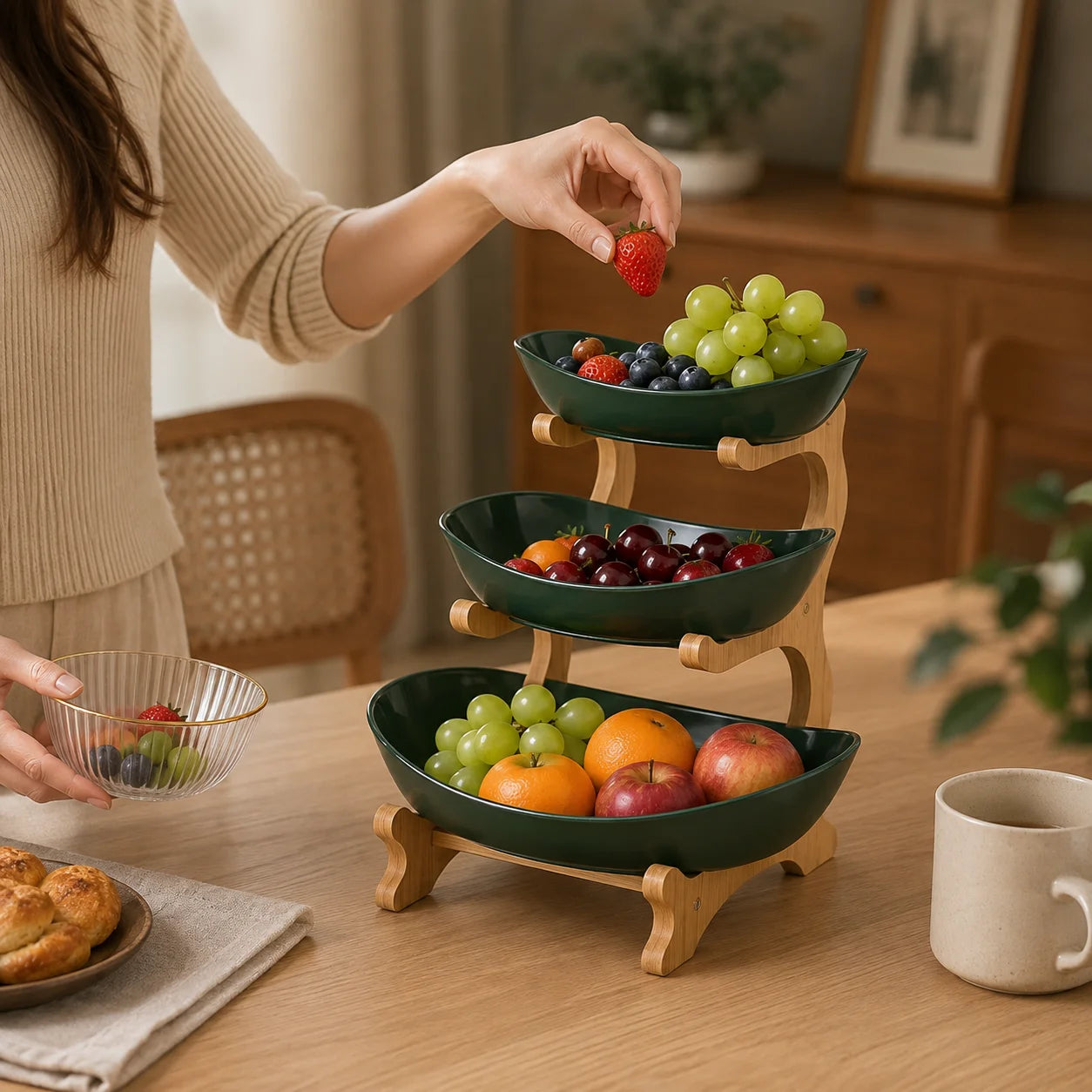2/3-Tier Fruit Basket with Bamboo Stand