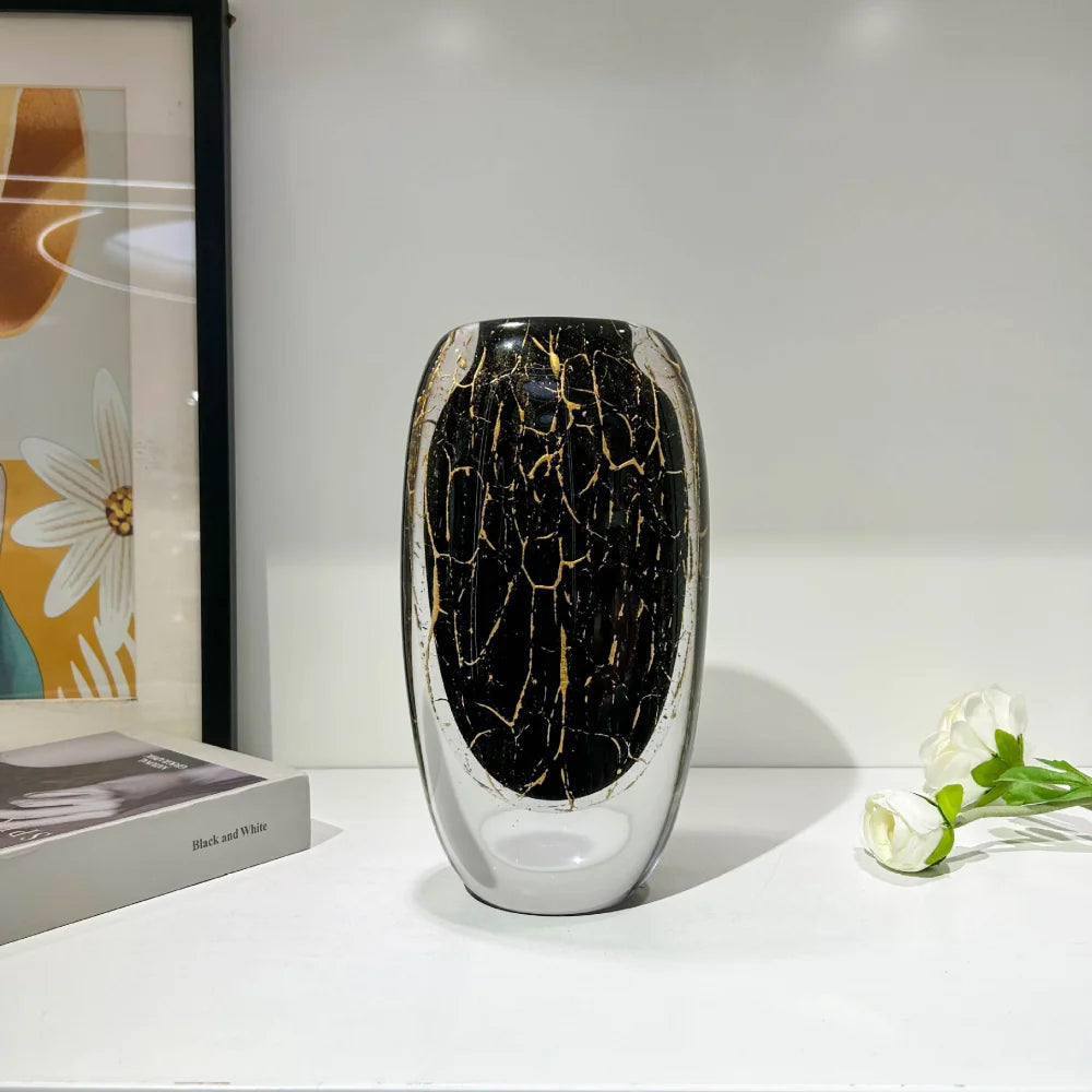 Round Black & Gold Hand-Blown Glass Vase