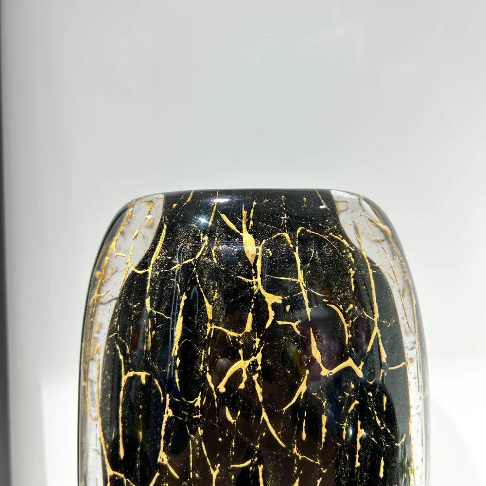Round Black & Gold Hand-Blown Glass Vase