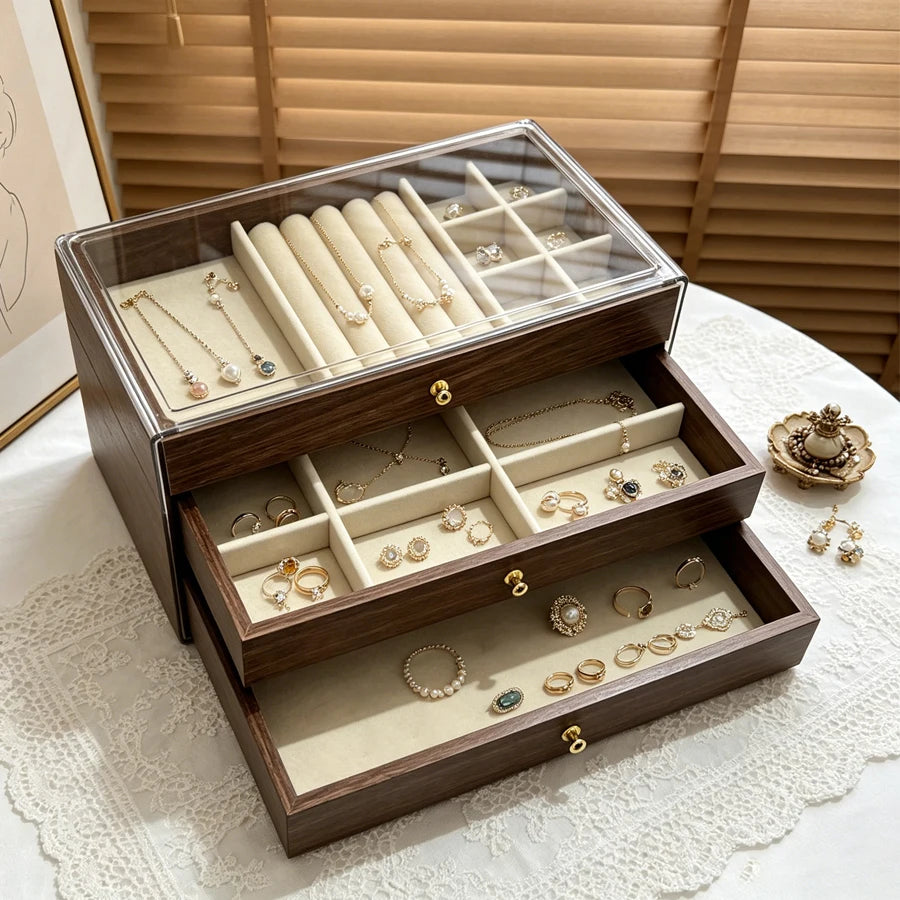 Walnut Wood Pattern Three-Drawer Jewelry Box, Bracelet, Necklace, Earring, Necklace Box, Jewelry Storage Box, OrnamentsAntioxida
