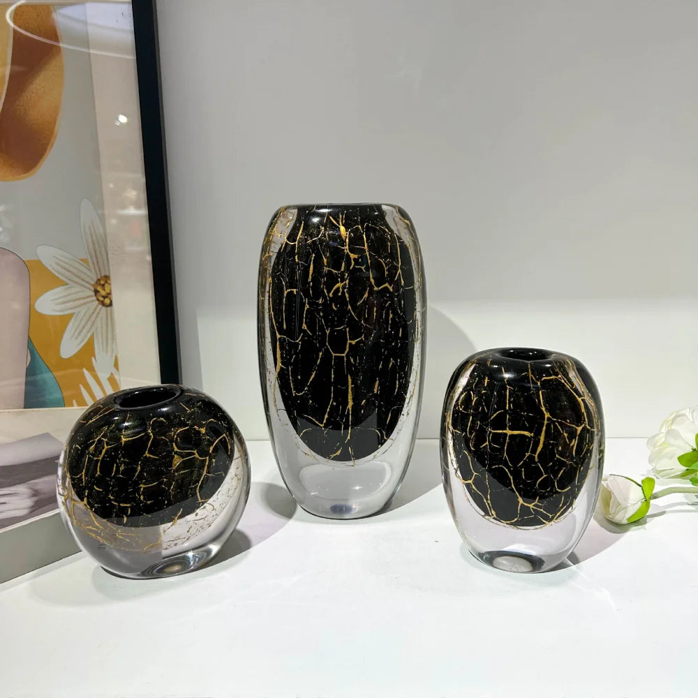 Split-Neck Black & Gold Hand-Blown Glass Vase