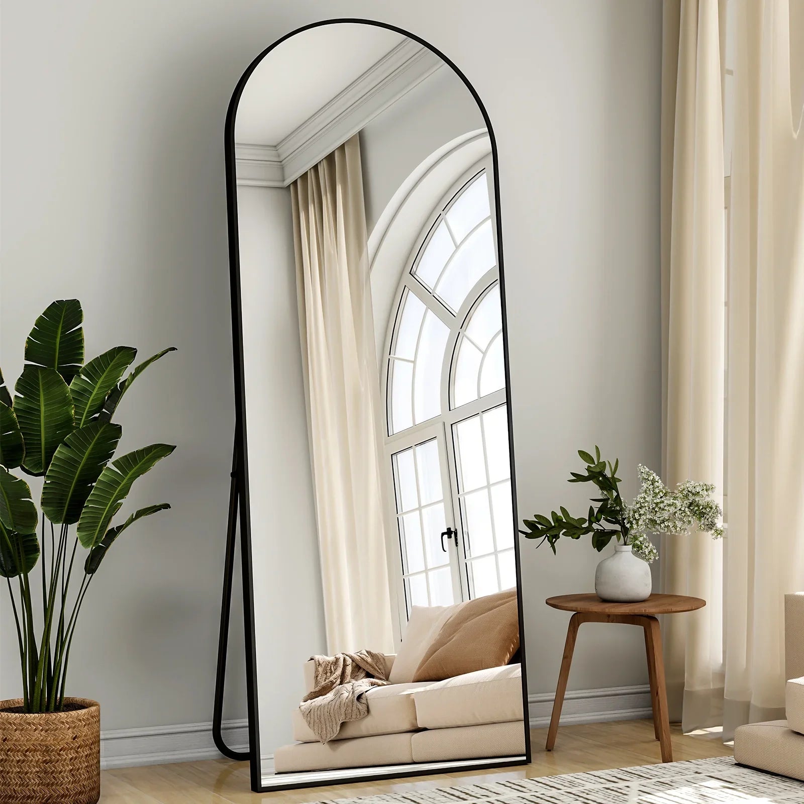 Multi-Size Black Arched Floor Mirror