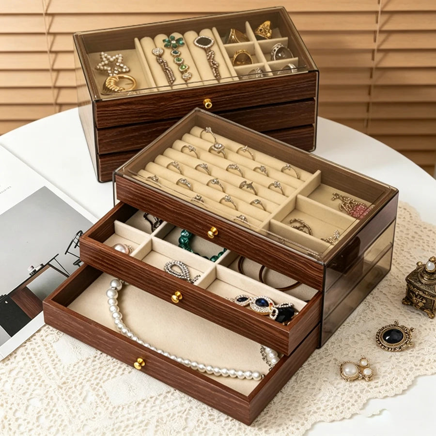 Walnut Wood Pattern Three-Drawer Jewelry Box, Bracelet, Necklace, Earring, Necklace Box, Jewelry Storage Box, OrnamentsAntioxida