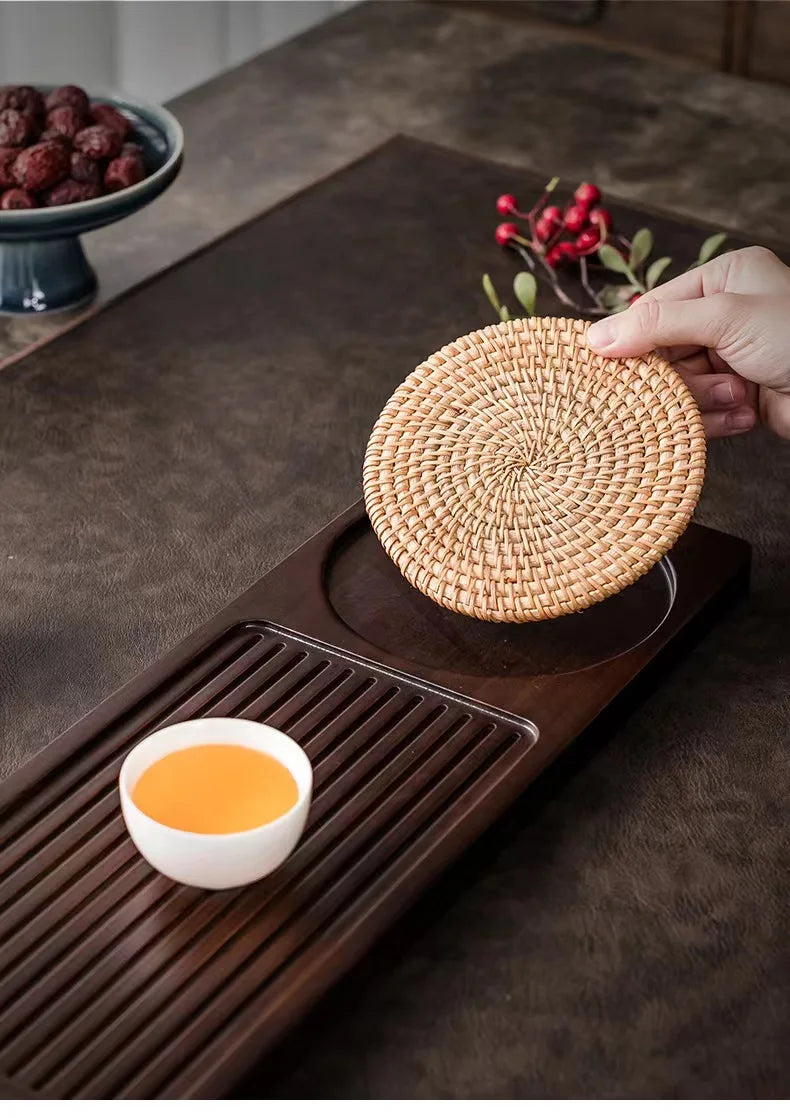 Solid Bamboo Wood Tea Tray Portable Rattan Mat Rectangle Serving Table Plate Storage Dish for Hotel Tea Plate Accessories Saucer