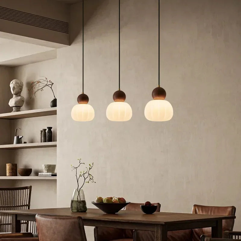 Walnut & Opal Glass Triple Pendant Light