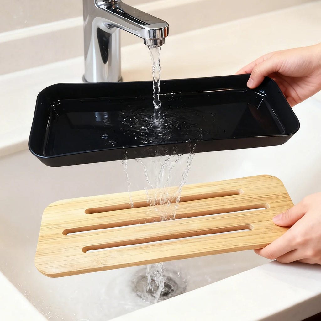 Bamboo Soap Dish Bottles Holder Tray Removable Countertop Drain