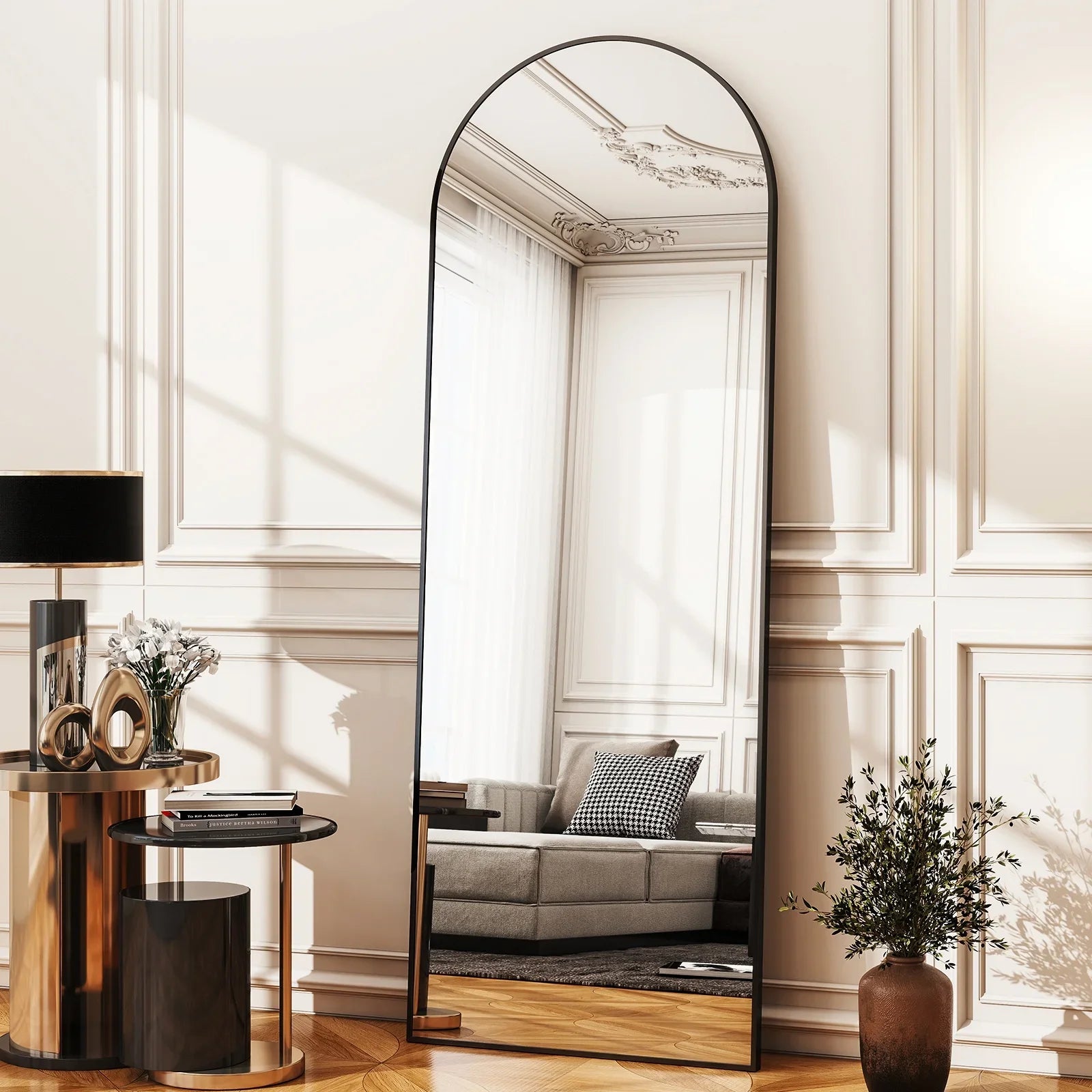 Multi-Size Black Arched Floor Mirror