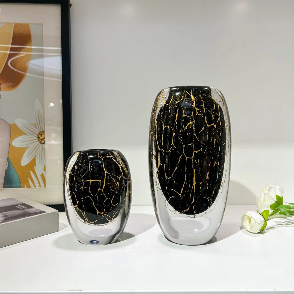 Split-Neck Black & Gold Hand-Blown Glass Vase