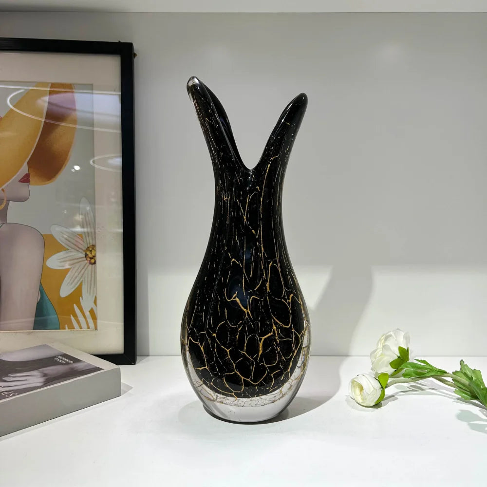 Split-Neck Black & Gold Hand-Blown Glass Vase